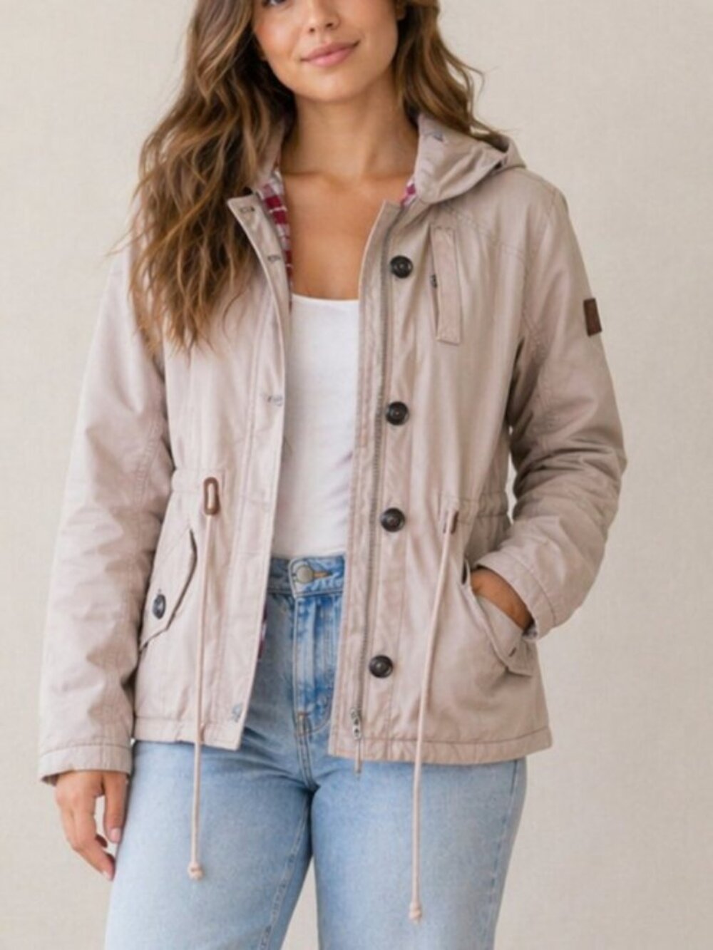 Vintage Hollister Hooded Utility Jacket Beige Plaid Lined Y2K Casual Coat Small
